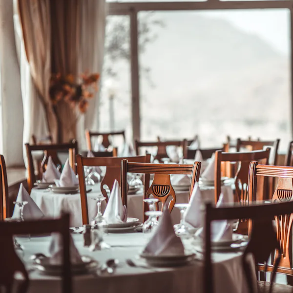 A dining room laid for service
